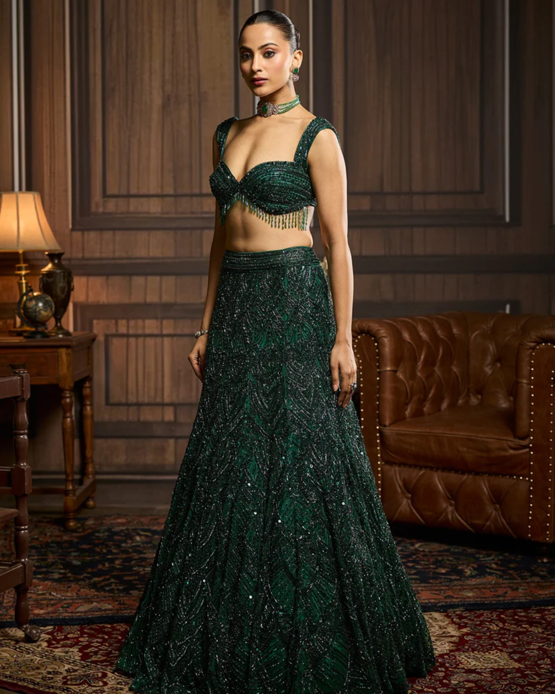 Diya Rajvvir - Emerald Green Embellished Mermaid Skirt Set from Taara
