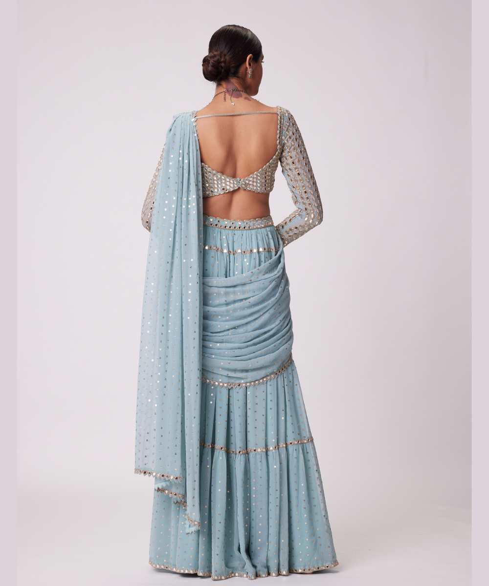 POWDER BLUE MULTI TIER HAND EMBROIDERED SAREE SET - Collection name Jugmug Bride by Vvani Vats
