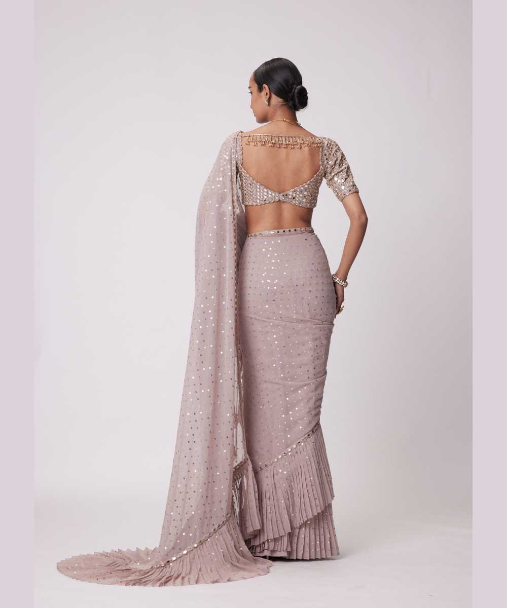 ASH PINK GEORGETTE FRILL SAREE SET -  Collection name Jugmug Bride by Vvani Vats