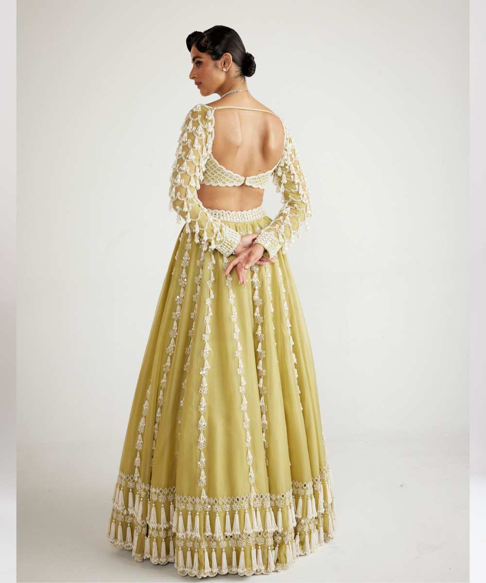 Fern Green Chandelier Pearl Drop Full Sleeve Lehenga Set - Collection name Piroi by Vvani vats