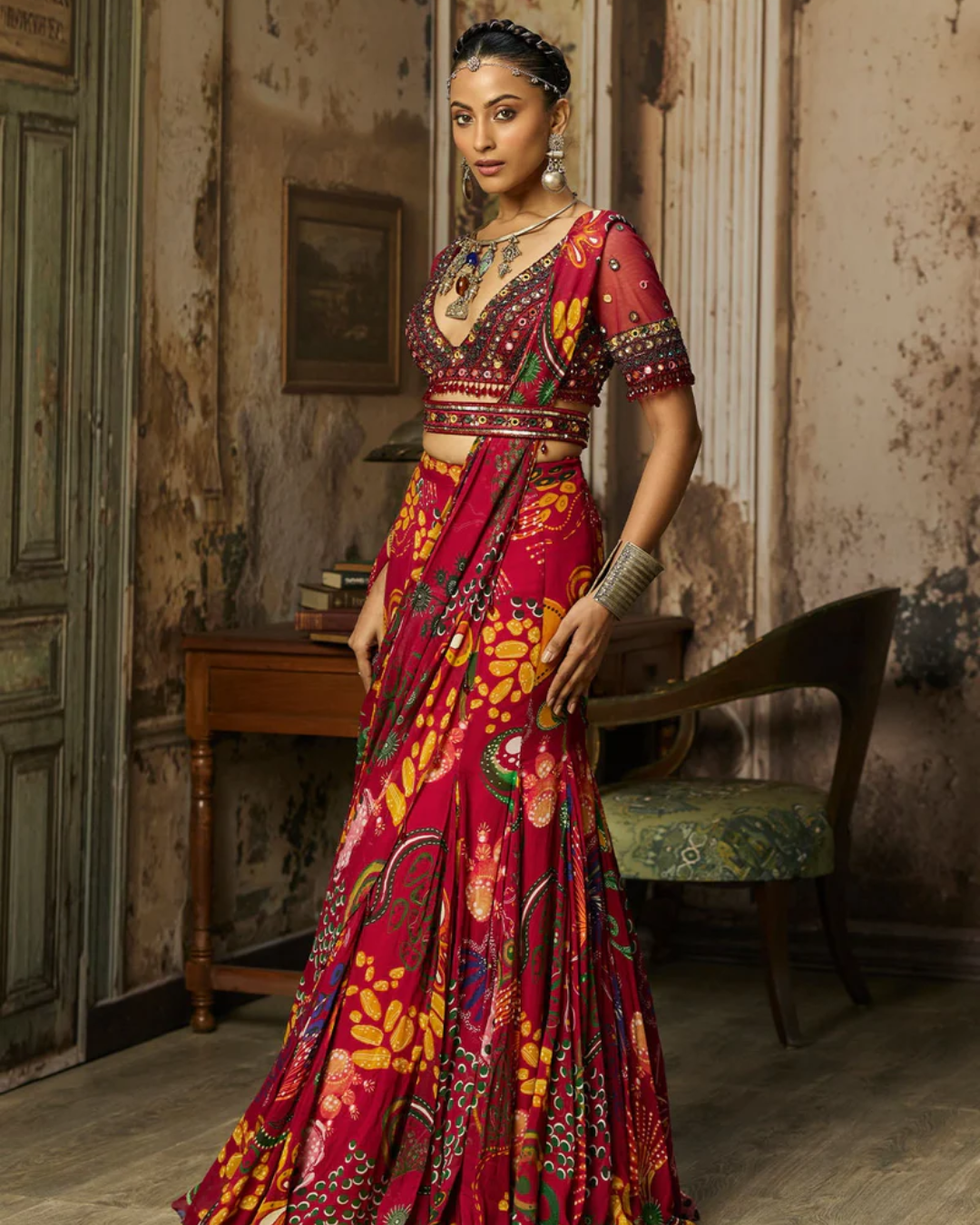 Diya Rajvvir - Deep Red Embroidered Blouse With Mermaid Skirt Saree Set from Bahaar