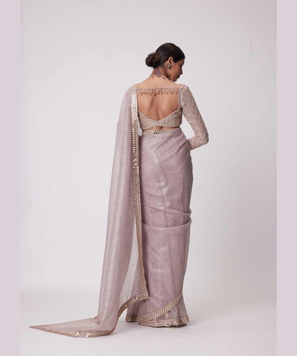 ASH PINK HAND EMBROIDERED ORGANZA SAREE SET -  Jugmug Bride by Vvani Vats