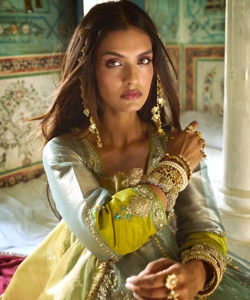 Aditi Gupta - Moonlight Blue  pure tissue Jacket with crushed Silk Skirt Set with tissue dupatta