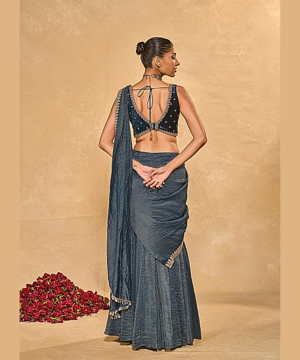KAVYA SAREE - Saree with an exquisitely embellished floral border paired with a plunge V-neck velvet - Leher by Chamee and Palak