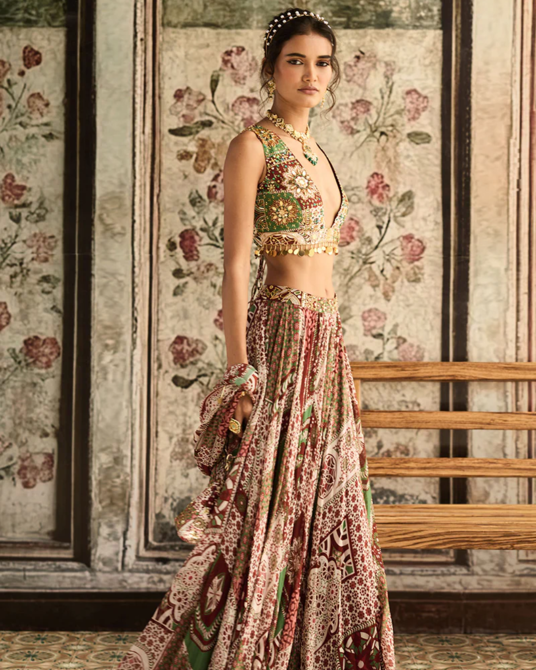 Diya Rajvvir - Sage-Maroon Print And Highlighted Lehenga Set from Bahaar (Sale Piece)