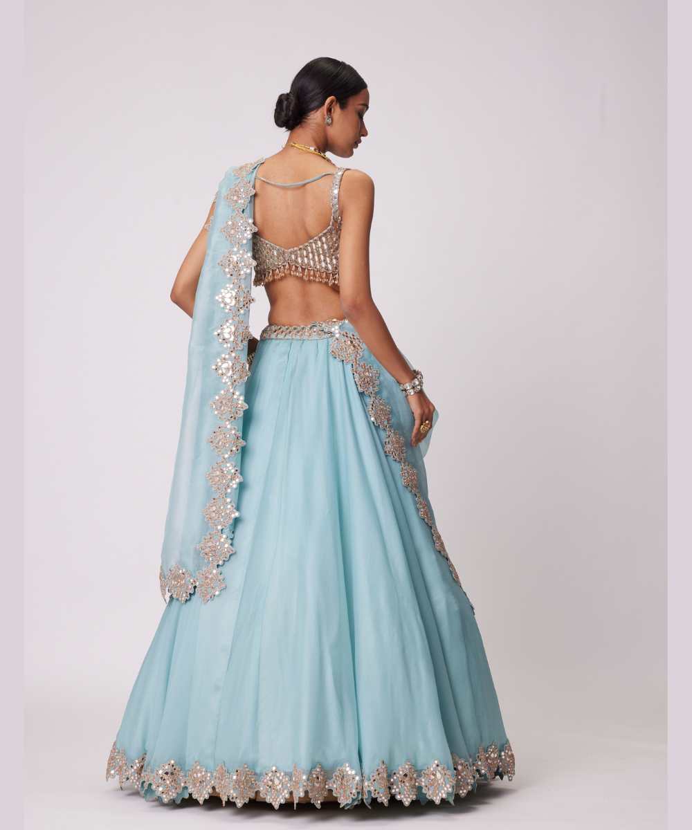 POWDER BLUE ORGANZA HAND EMBROIDERED LEHENGA SET -  Collection name Jugmug Bride by Vvani Vats