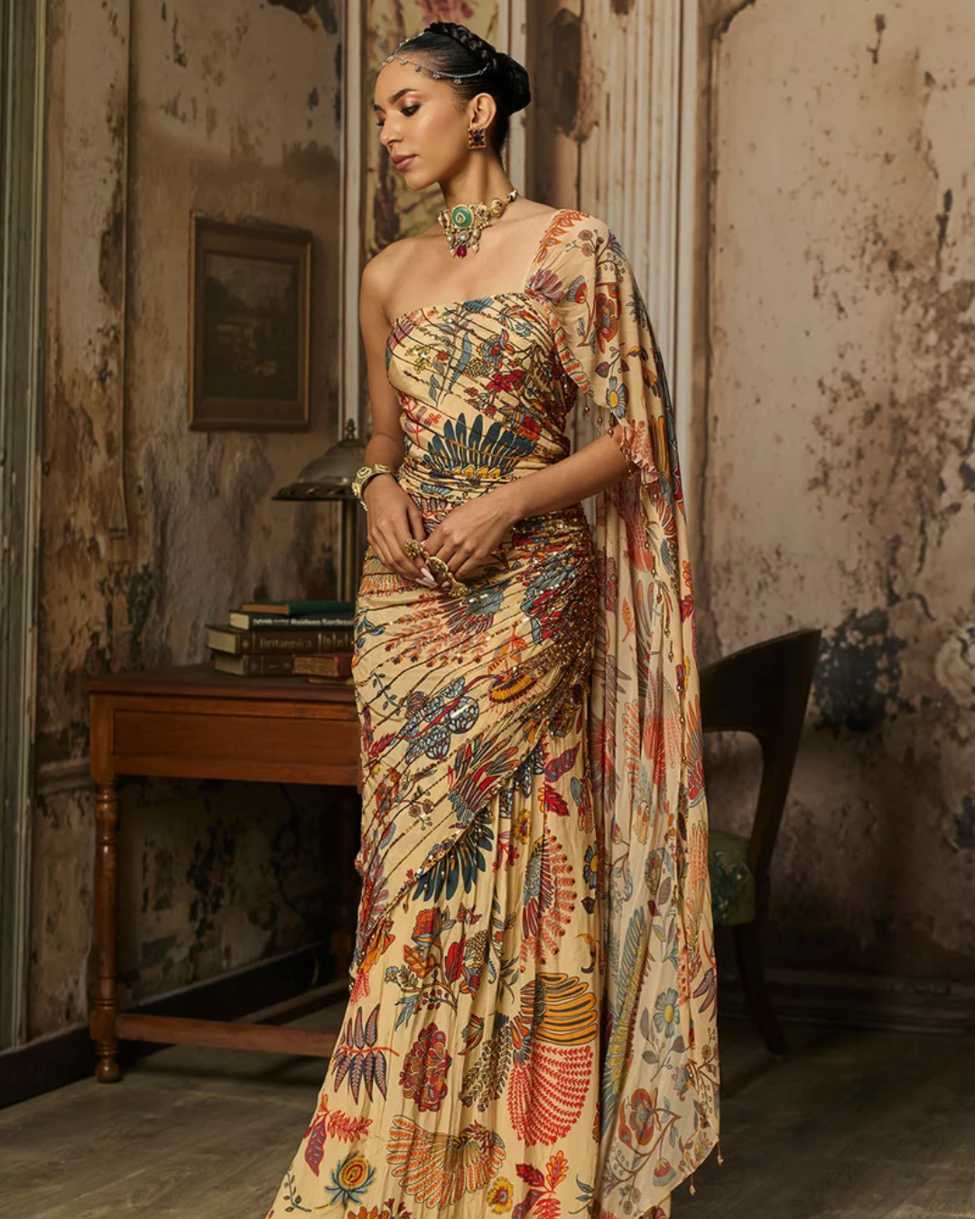 Diya Rajvvir - Beige Printed And Highlighted Drape Gown Saree from Bahaar