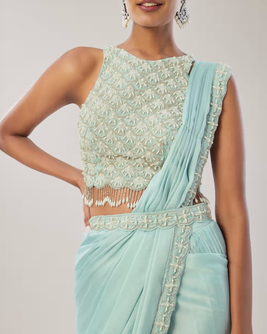 Kalki - Sky Blue Ready Pleated Saree With Belt