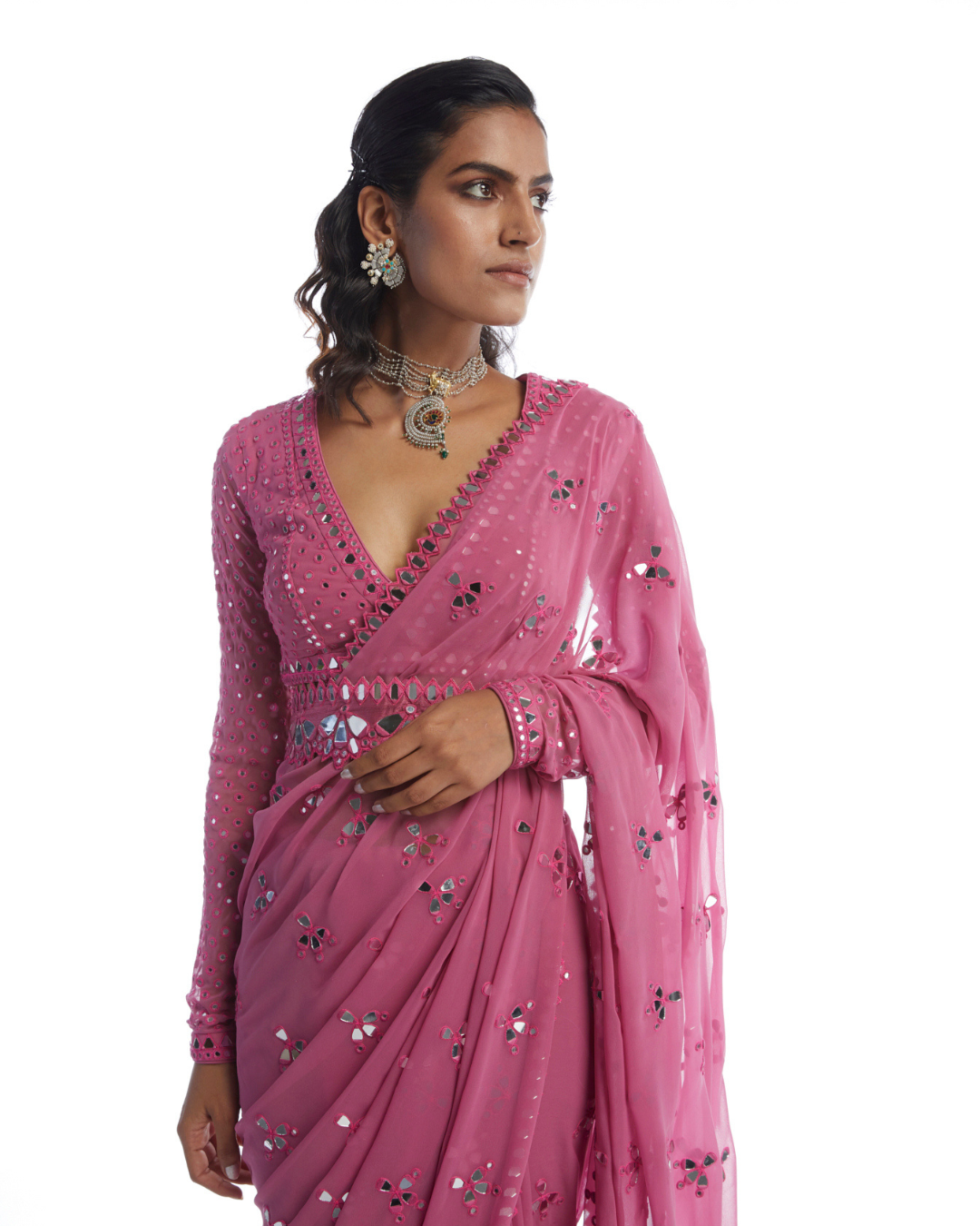 Vvani Vats -  Dark Blush Mirror Cut Work Saree from Chamak