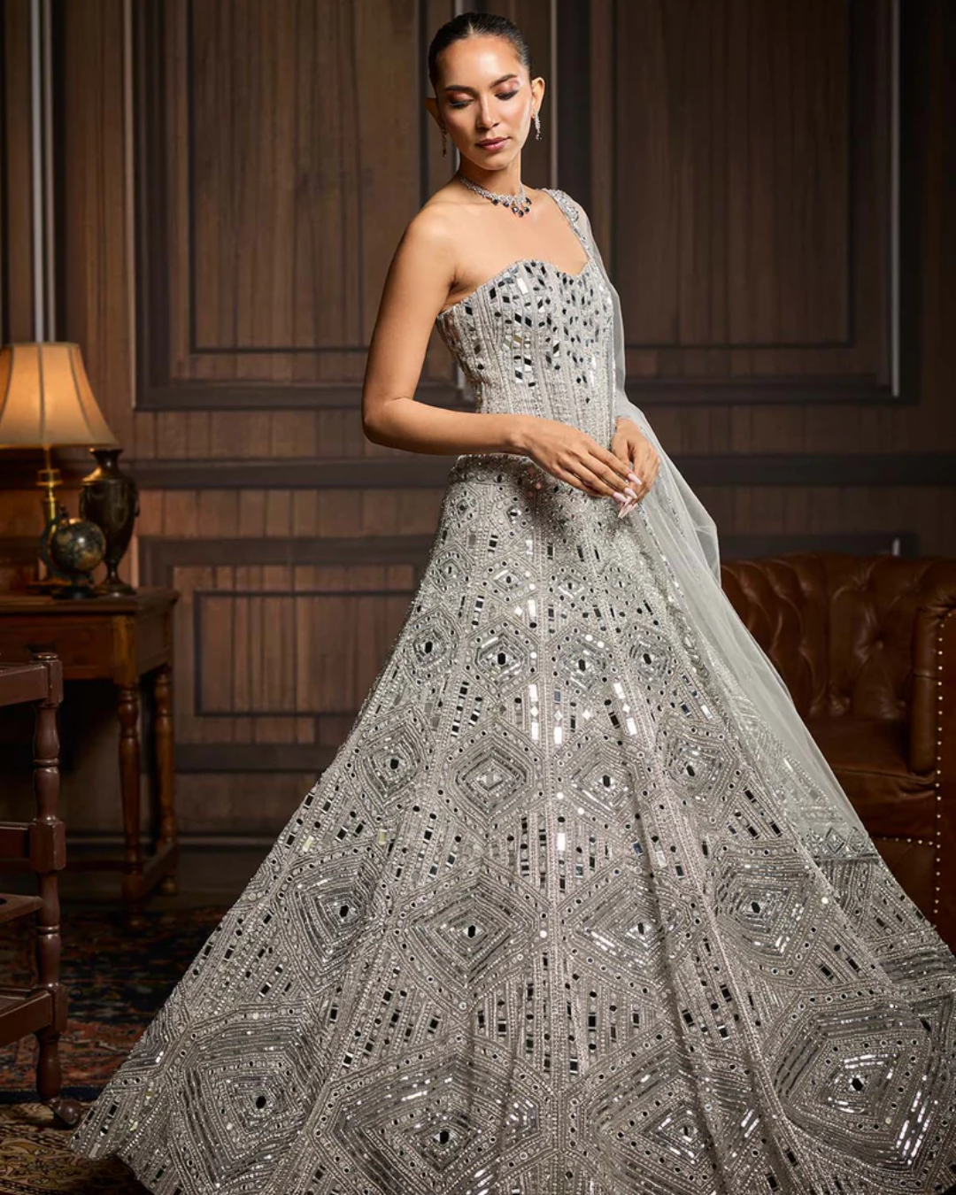 Diya Rajvvir - Silver Embellished Mirrorwork Lehenga Set from Taara