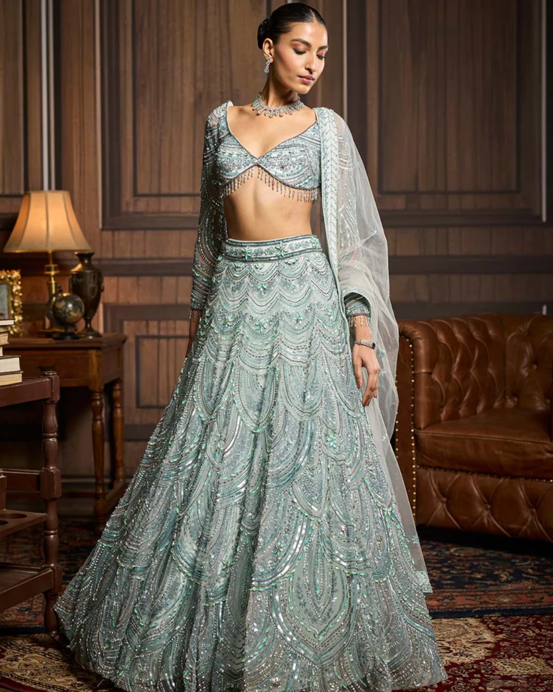 Diya Rajvvir - Ice Blue Fully Embellished Lehenga Set from Taara
