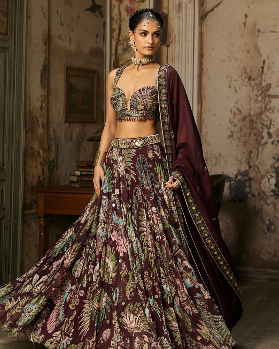 Diya Rajvvir - Plum Printed And Highlighted Lehenga Set from Bahaar