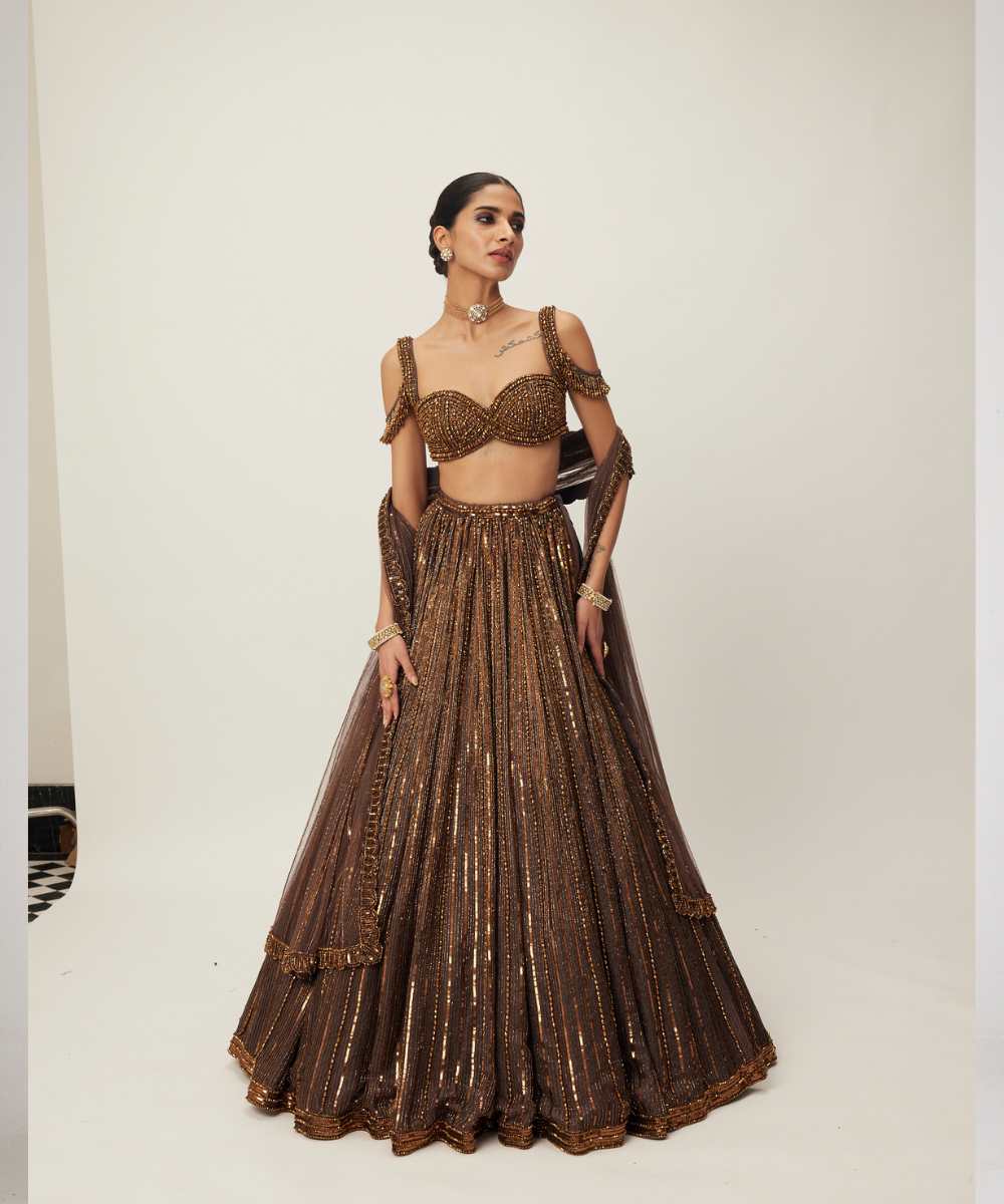 Copper crystal Linear embroidered Lehenga set - Collection name Maya by Vvani Vats