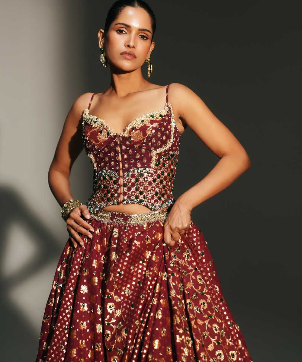 MALA - HEAVY HAND EMBROIDERED KALI LEHENGA WITH CORSET AND DUPATTA - Mehfil by Mahima Mahajan
