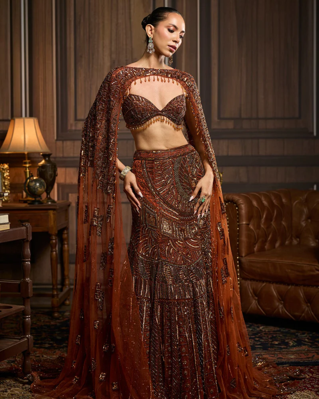 Diya Rajvvir - Caramel Brown Fully Embroidered Mermaid Trailskirt Set Taara