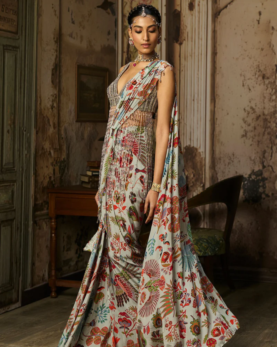 Diya Rajvvir - Slate Grey Embroidered Blouse With Dhoti Skirt Saree Set from Bahaar