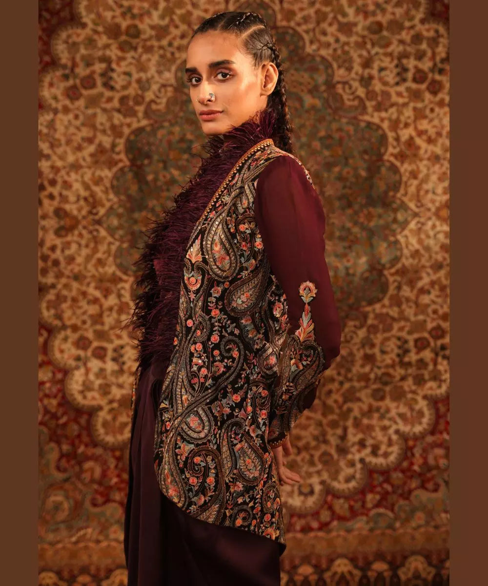 ADITI GUPTA -  Wine jamawaar Jacket with Fur knotted Blouse Draped Skirt