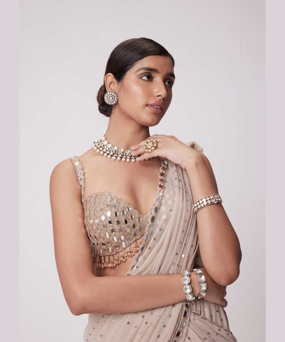 LIGHT BEIGE GEORGETTE PRE DRAPED SAREE SET - Jugmug Bride by Vvani Vats