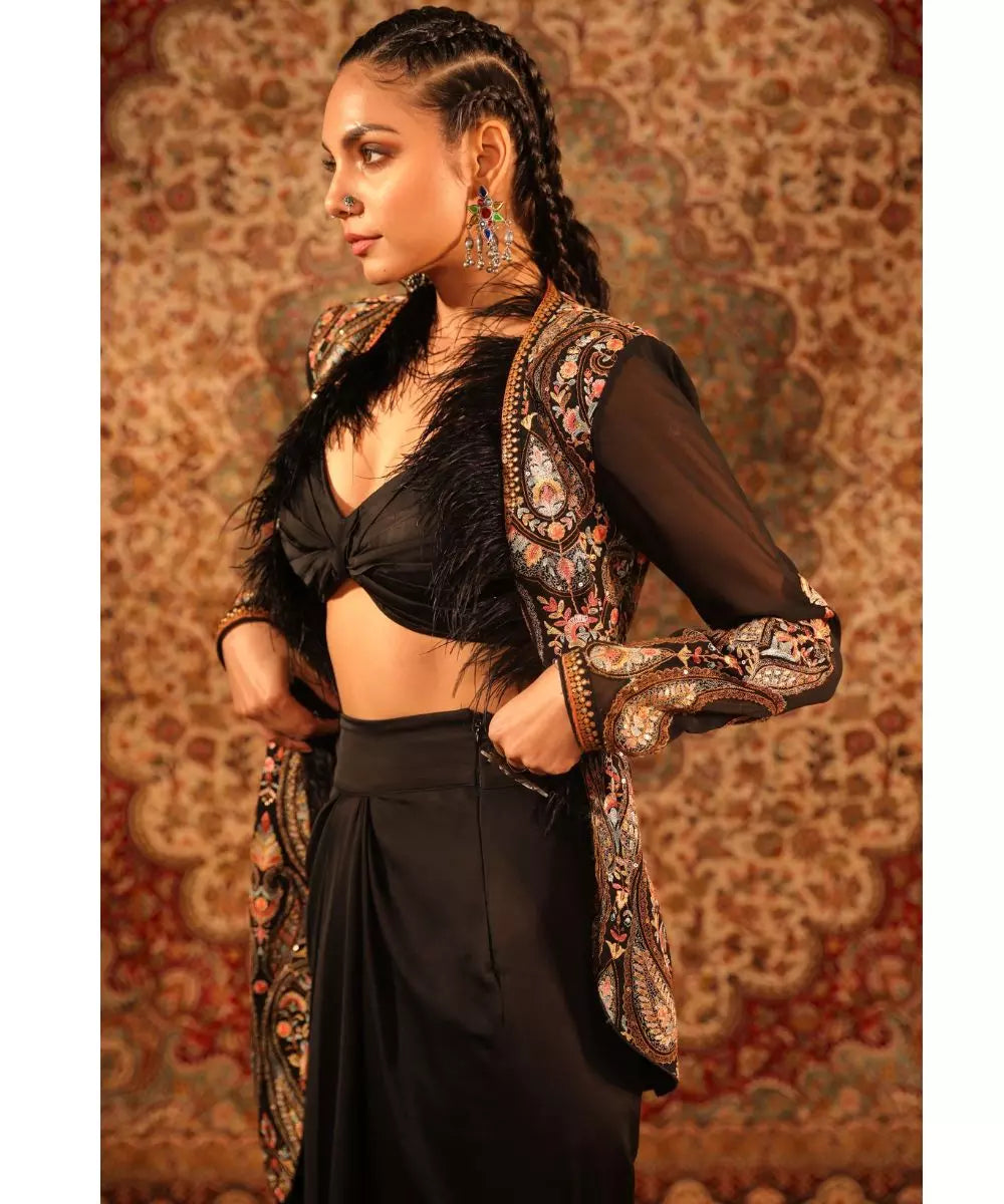 ADITI GUPTA  - Black Jamawaar Jacket with Fur knotted Blouse Draped Skirt
