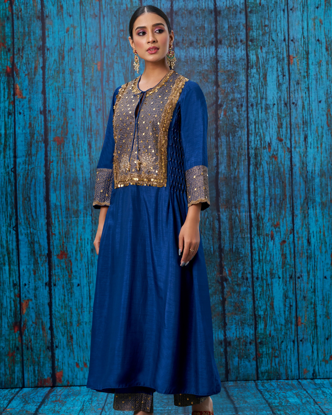 Niti Bothra - Blue Lotus Yoke Heavy Neck Kurta Set (Sale Piece)