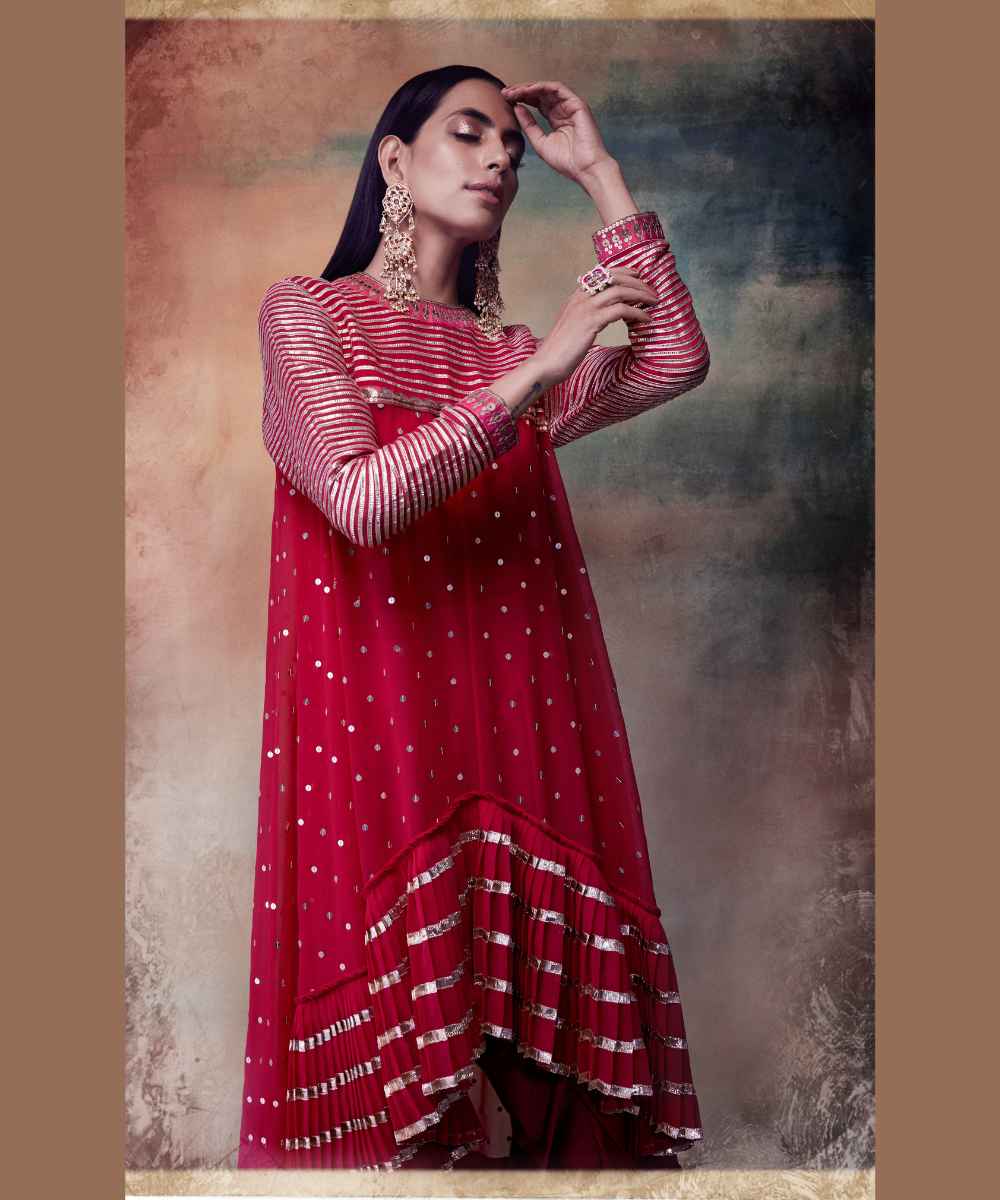 Crimson red high low kurta dhoti set