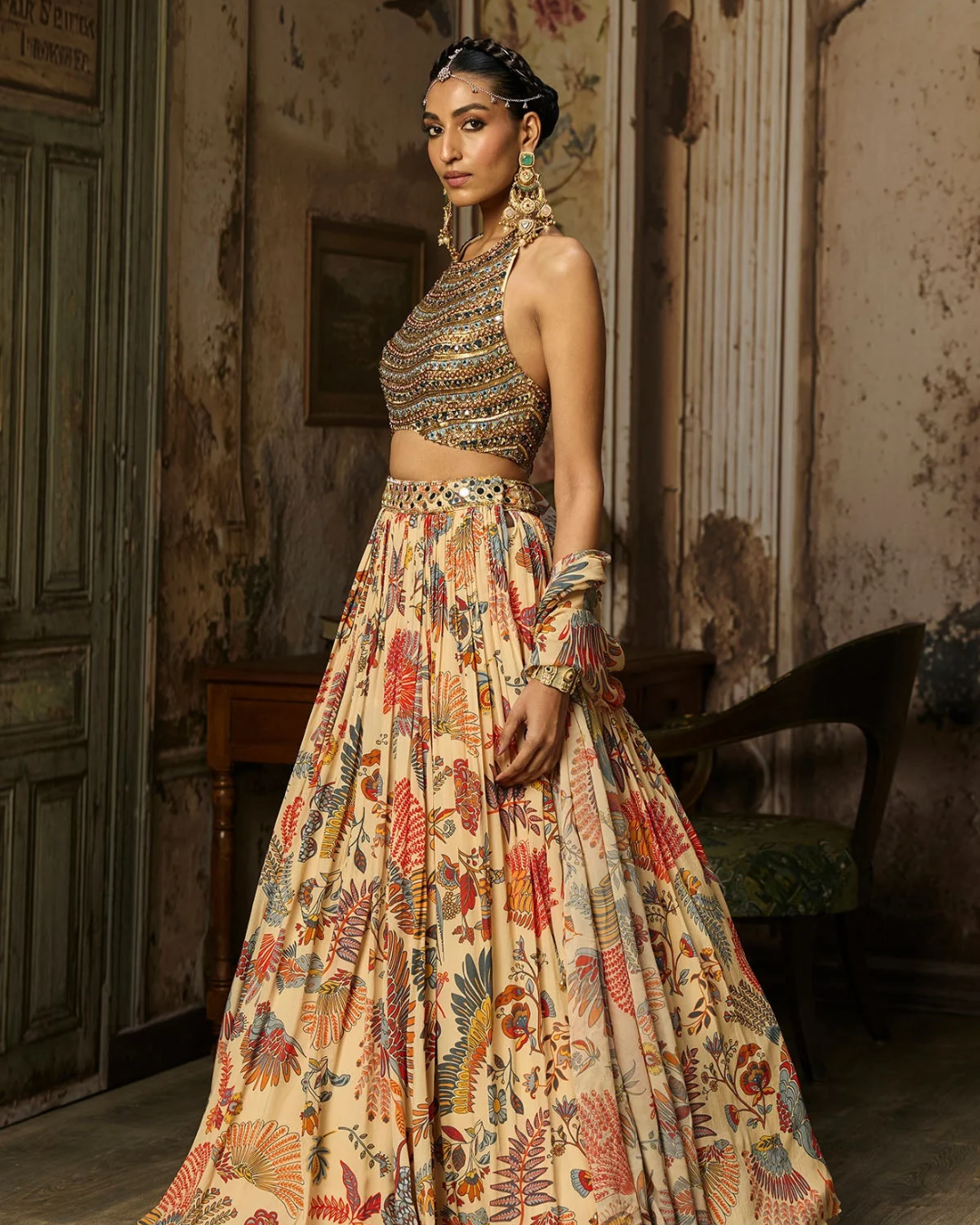 Diya Rajvvir - Beige Embroidered Blouse With Printed And Embroidered Lehenga Set from Bahaar