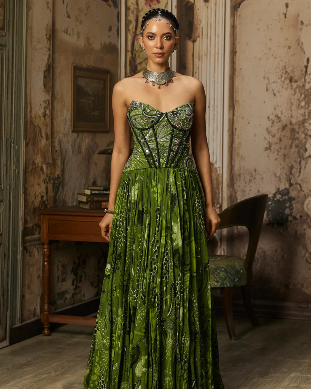 Diya Rajvvir - Pear Green Print And Highlighted Corset Gown From Bahaar