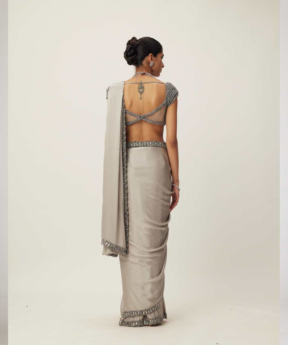 Crystal Grey Satin Saree Set - Collection name Maya by Vvani Vats