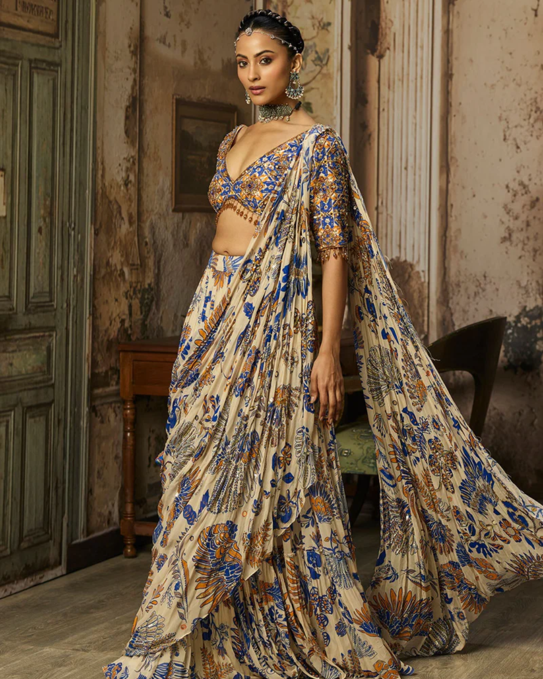 Diya Rajvvir - Ivory Printed And Highlighted Tiered Skirt Saree Set from Bahaar
