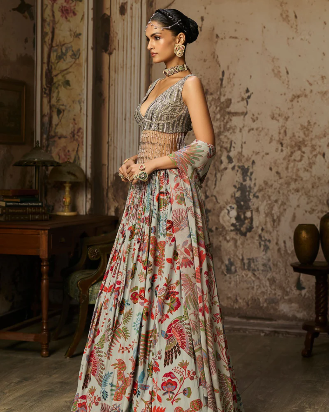 Diya Rajvvir - Slate Grey Embroidered Blouse And Printed Lehenga Set from Bahaar