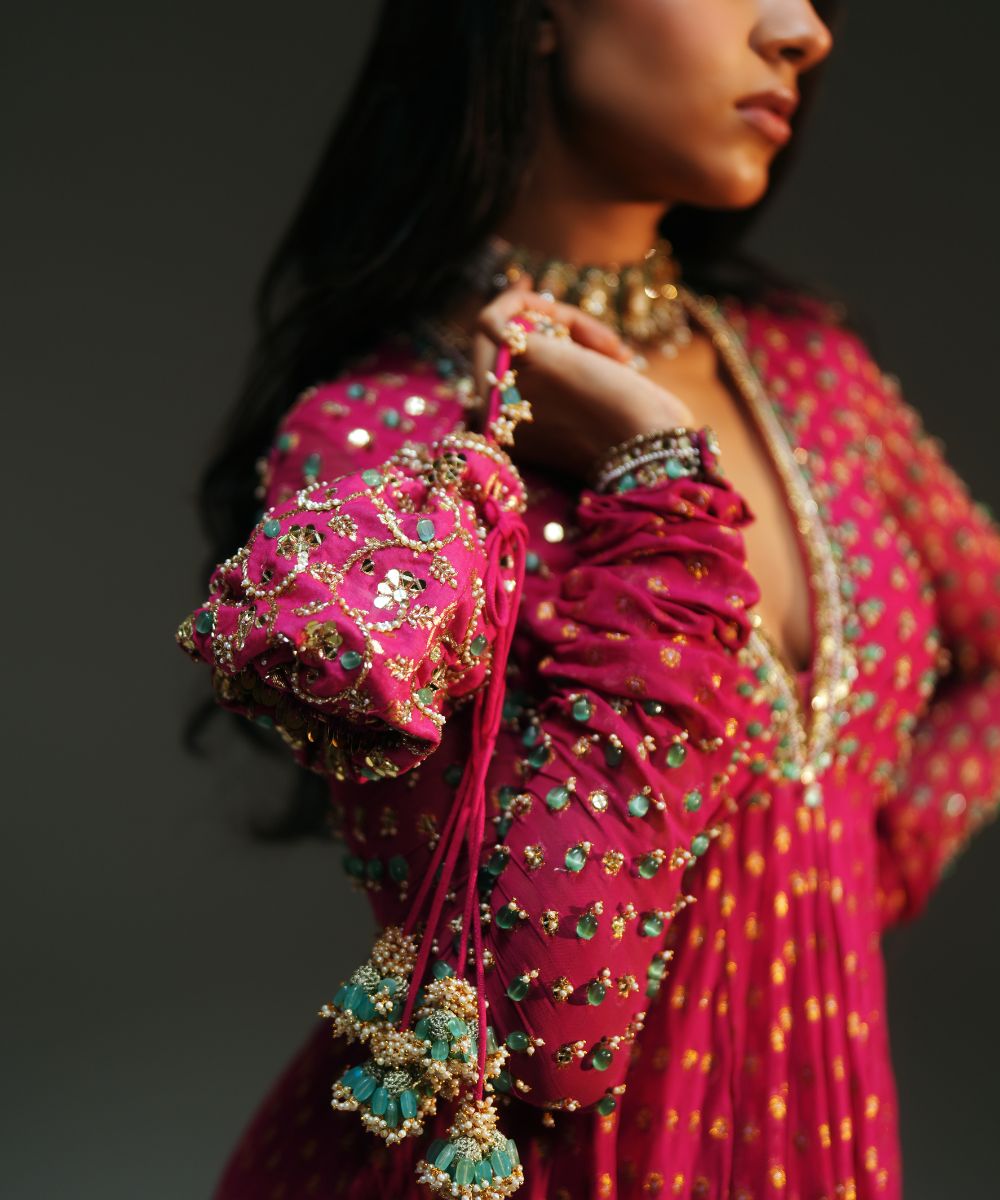 NAINA - HAND EMBROIDERED RANI PINK SHORT KURTA AND SHARARA - Mehfil by Mahima Mahajan