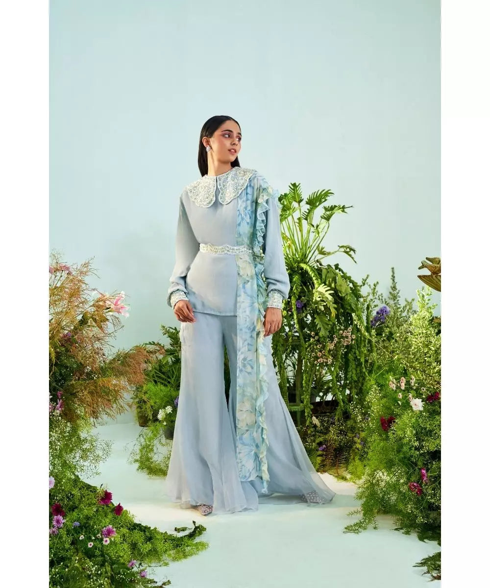MANI BHATIA - Pale blue Peterpan Collar top & Sharara set