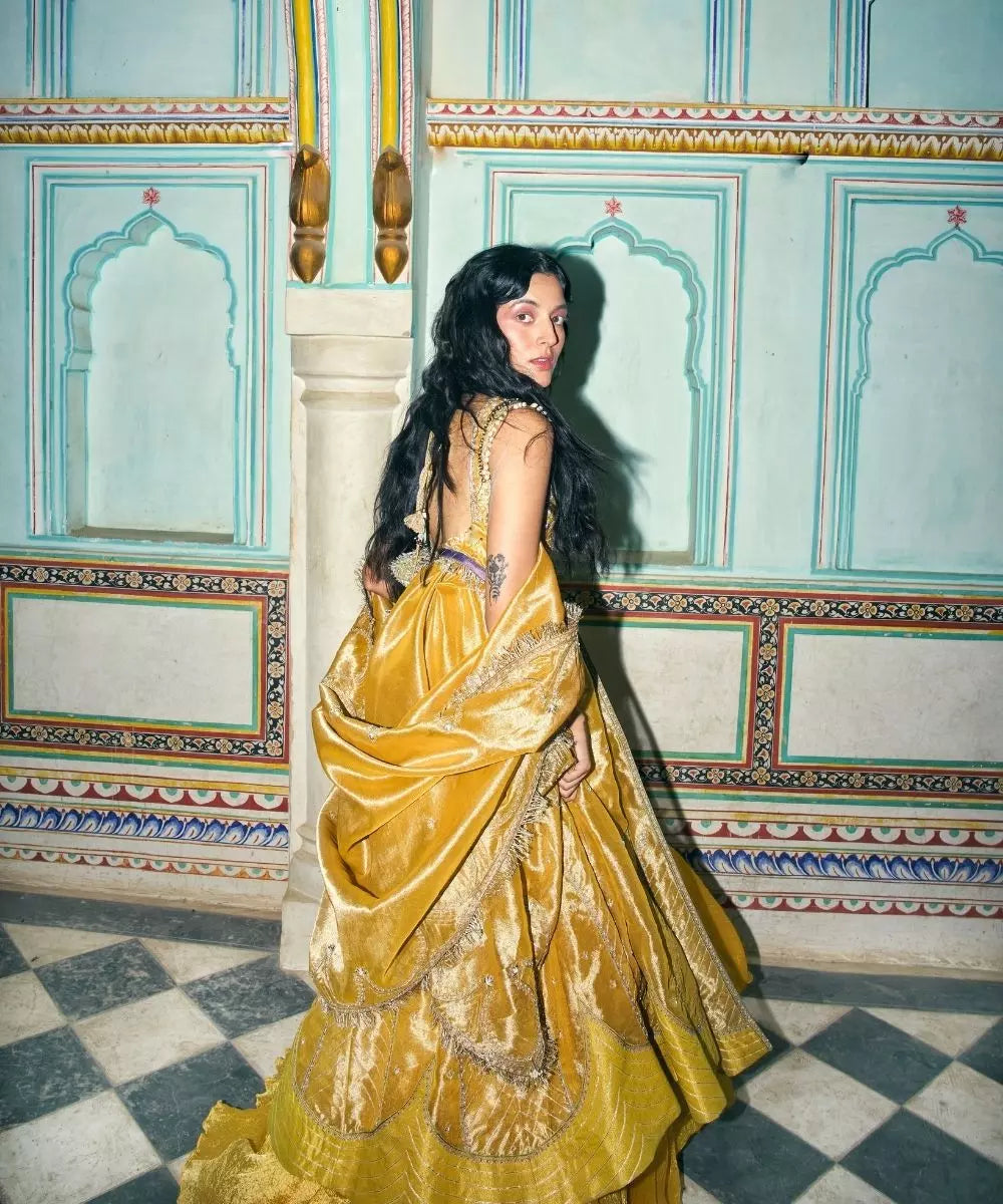 Aditi Gupta - Mustard Yellow pure Zari Tissue Jacket with crushed Silk Skirt Set