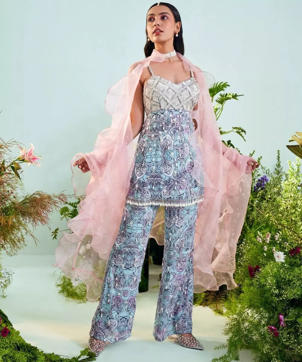 MANI BHATIA - Blue & Mauve paisley Print Top & Pant set