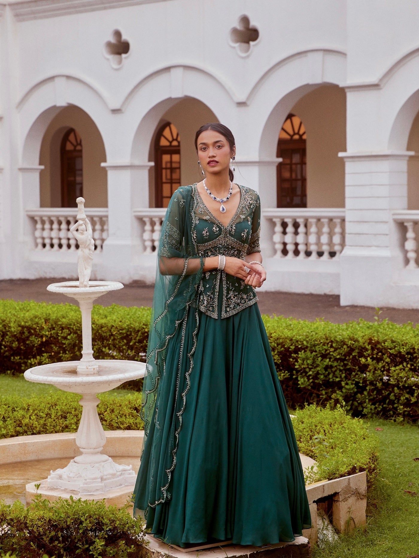 Sanya Gulati - Teal Green Peplum with Lehenga and Dupatta Set from Fizah