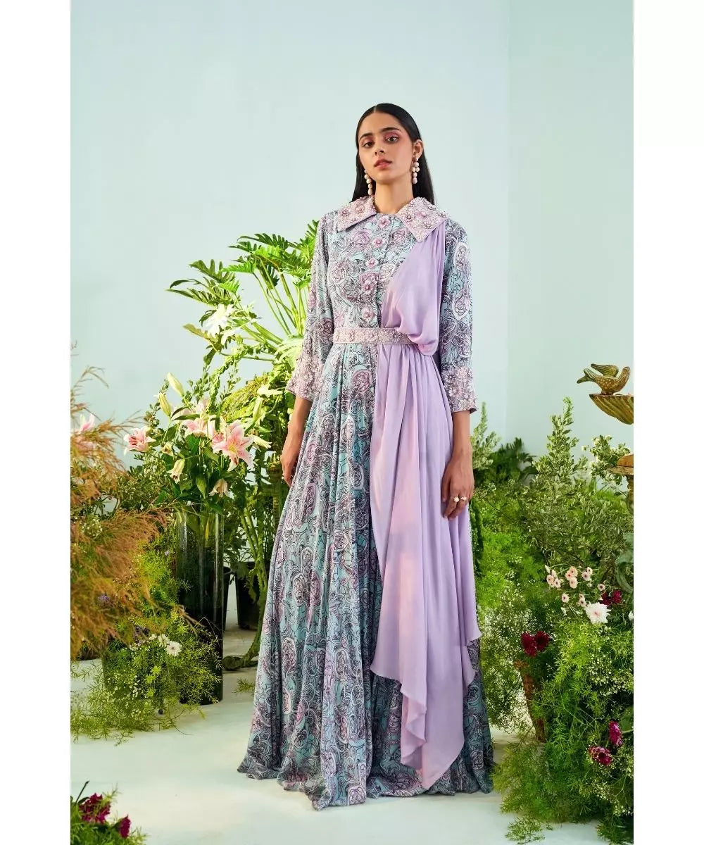 MANI BHATIA - Paisley print Jumpsuit with Embroidered Collar & Drape