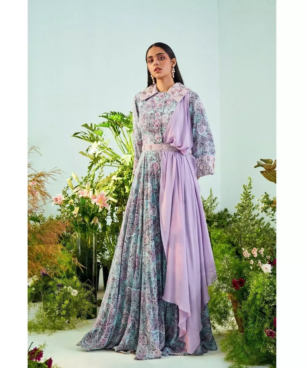 MANI BHATIA - Paisley print Jumpsuit with Embroidered Collar & Drape