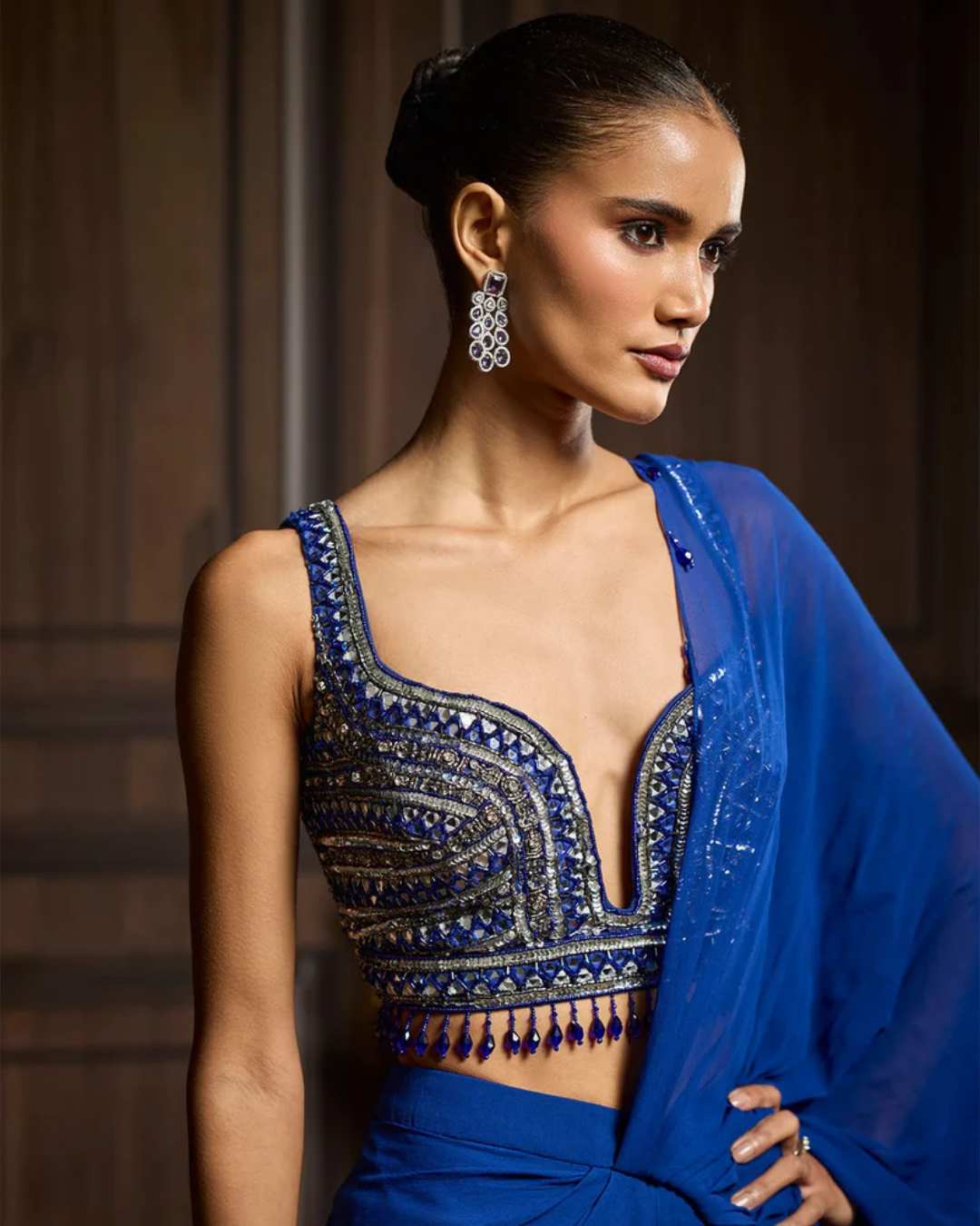 Diya Rajvvir - Electric Blue Embellished Blouse And Pre-Draped Dhoti Saree Set from Taara