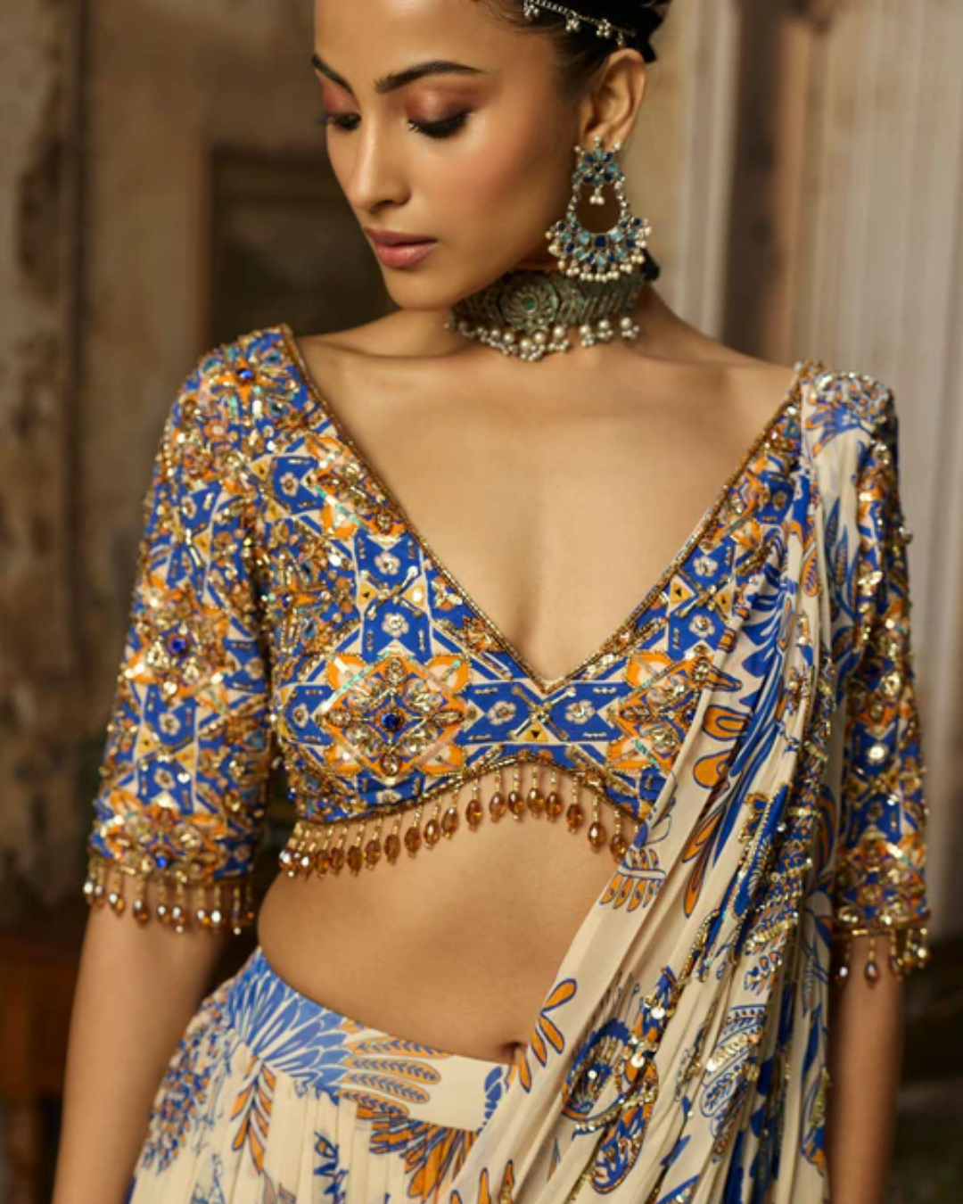 Diya Rajvvir - Ivory Printed And Highlighted Tiered Skirt Saree Set from Bahaar