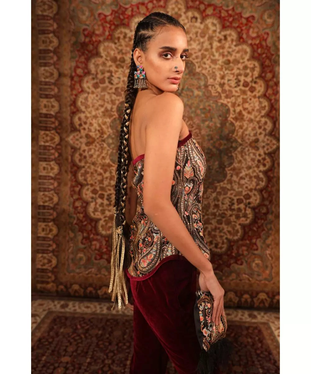 ADITI GUPTA - Wine Jamawaar Wrap around Strapless Top with Velvet Straight Pants