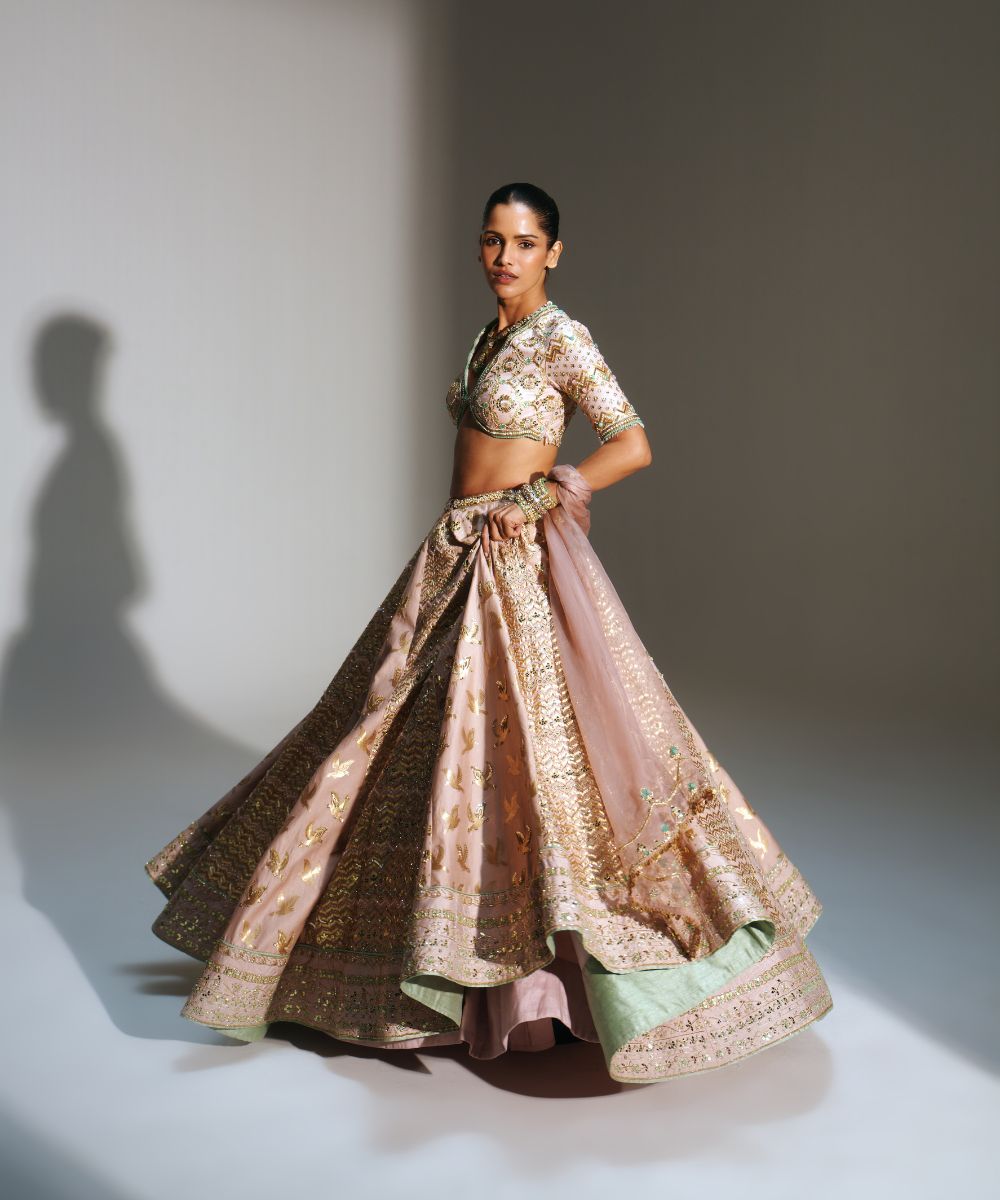 FARIHA - HEAVY HAND EMBROIDERED BLUSH PINK KALI LEHENGA PAIRED WITH OUR SIGNATURE BLOUSE AND MATCHING DUPATTA -