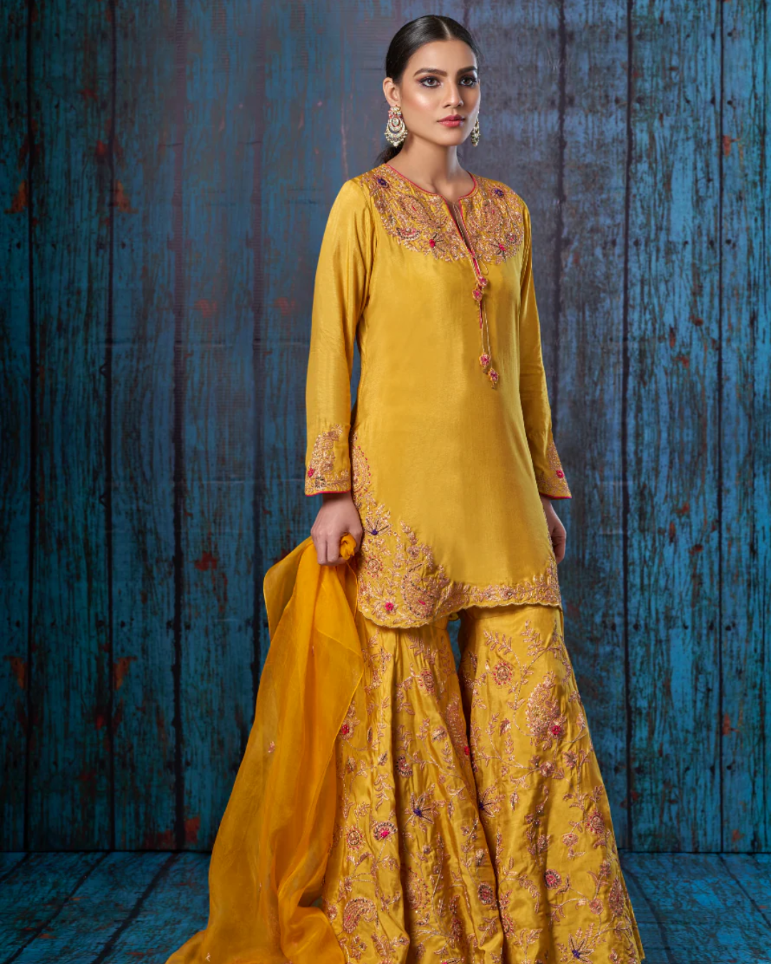 Niti Bothra - Mustard Kairi Buta Jaal Sharara Set (Sale Piece)