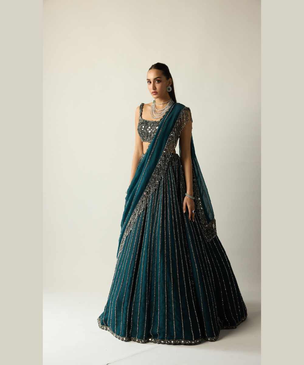 Dark Teal Linear Lehenga Set