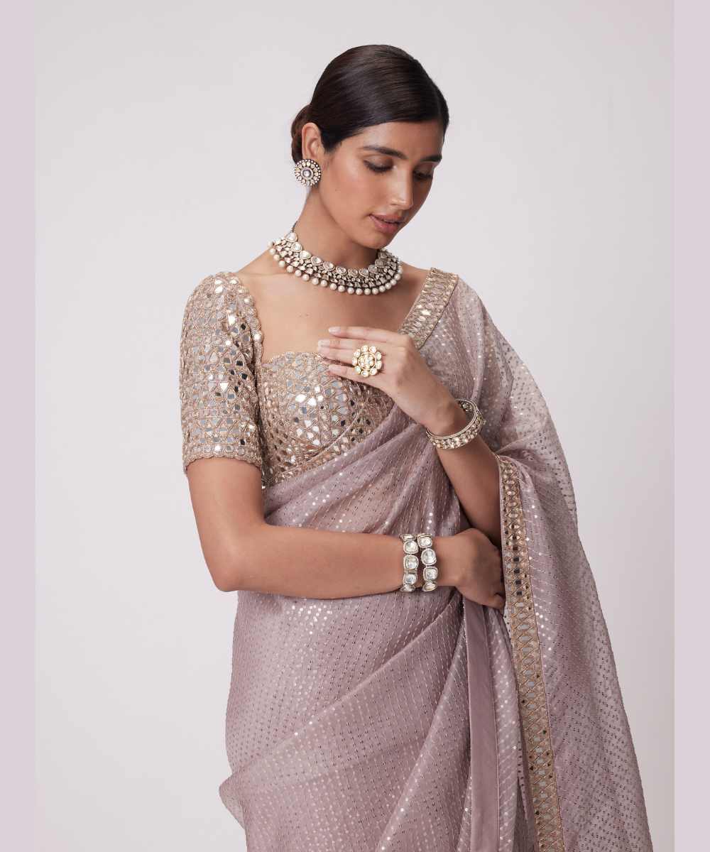 ASH PINK ORGANZA SAREE SET - Jugmug Bride by Vvani Vats