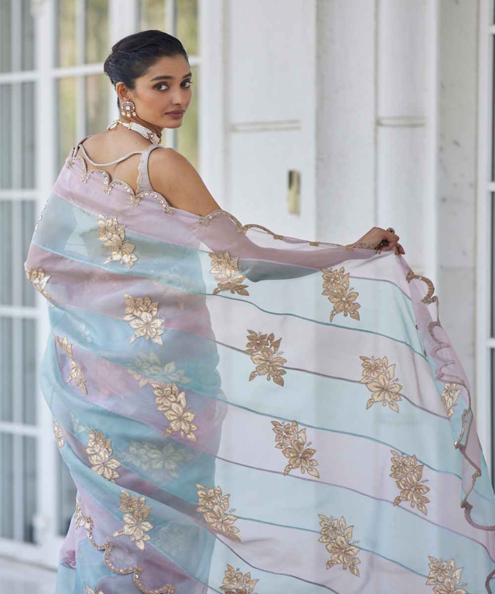 Ash Pink Flower Saree Set