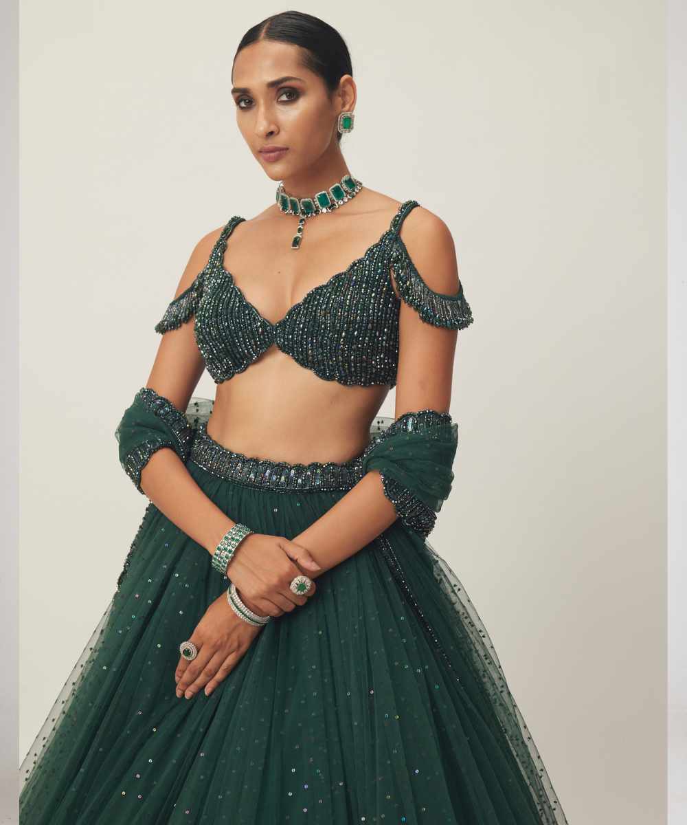 Dark Jade Green Sequins Scattered Tulle Lehenga Set - Collection name Maya by Vvani Vats