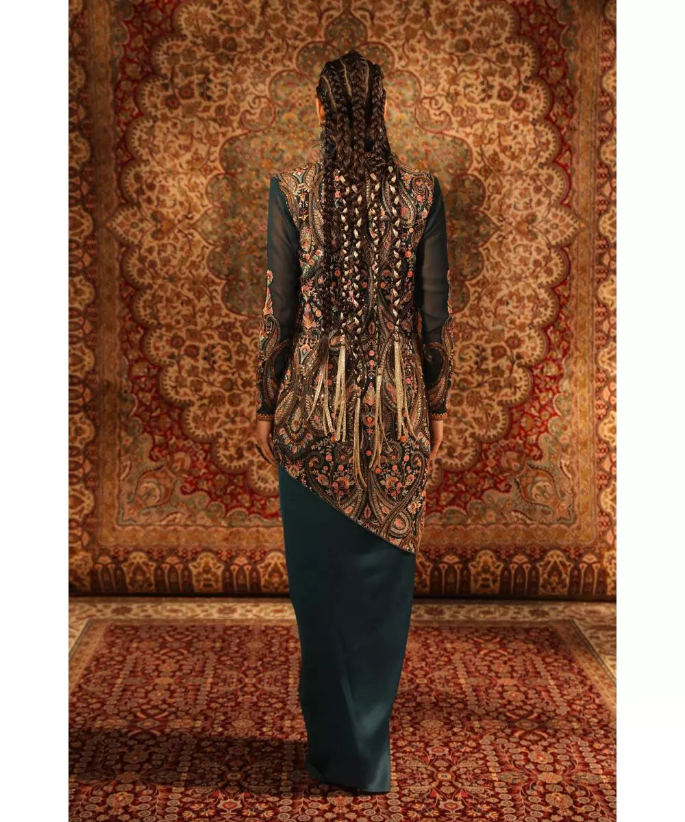 ADITI GUPTA - Teal jamawaar Jacket with Fur Blouse and Draped Skirt