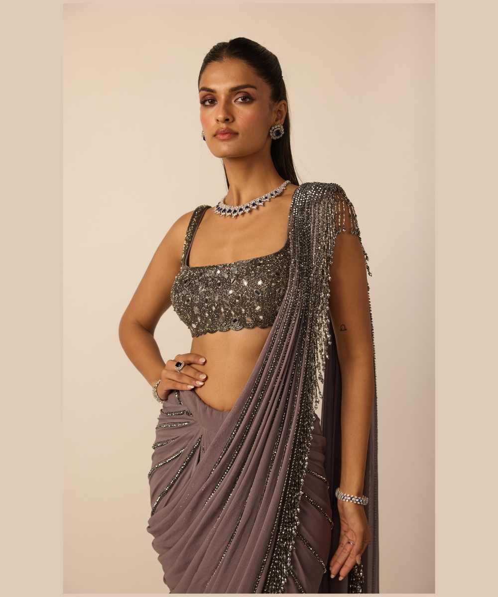 Metallic Grey Linear Draped Saree