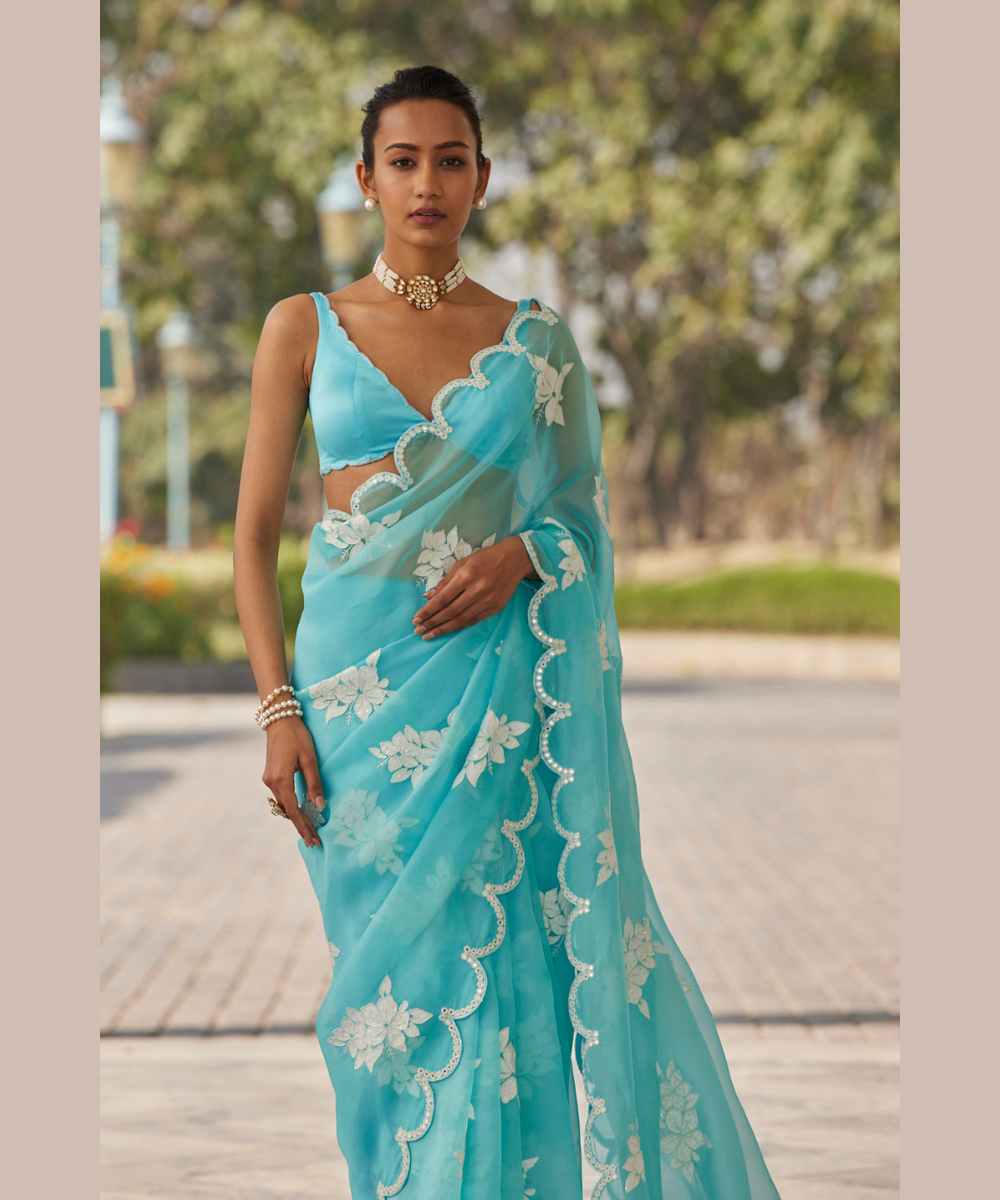 Blue Flower Saree Set