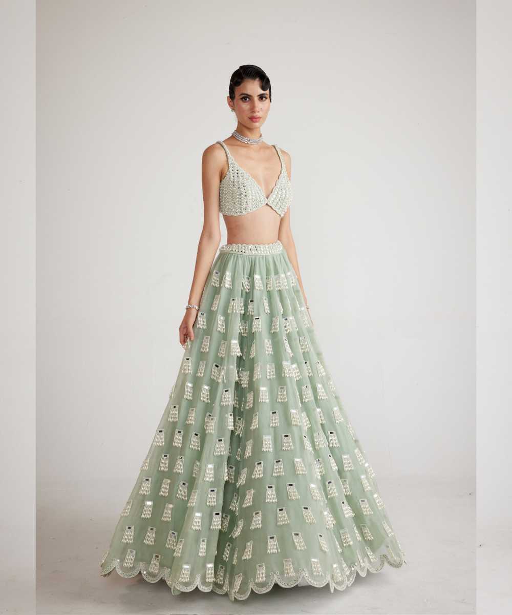 Powder Mint Green Chandelier Drop Lehenga Set - Collection name Piroi by Vvani vats
